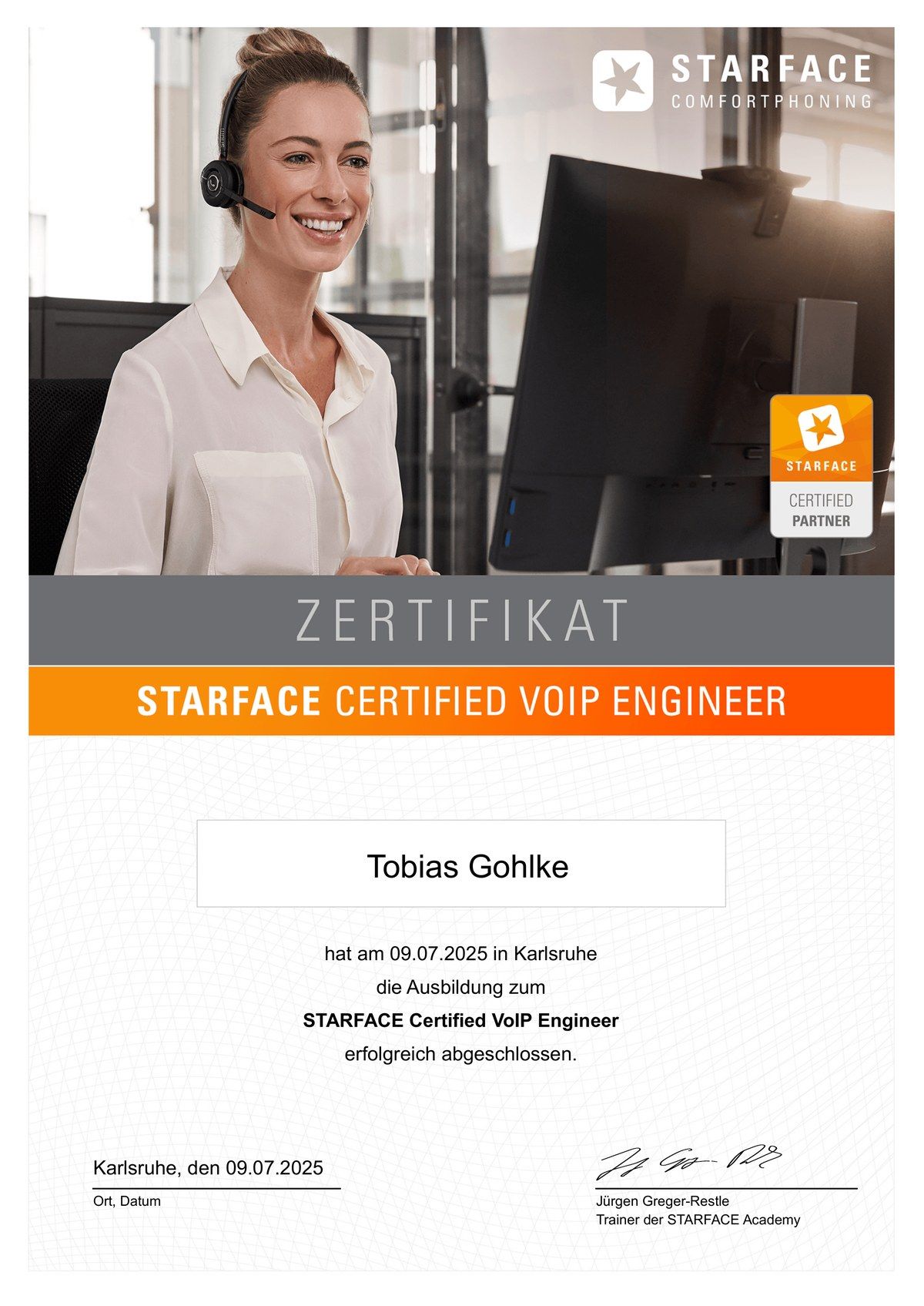 Zertifikat „STARFACE Certified VoIP Engineer“ für Tobias Gohlke, Karlsruhe 2025